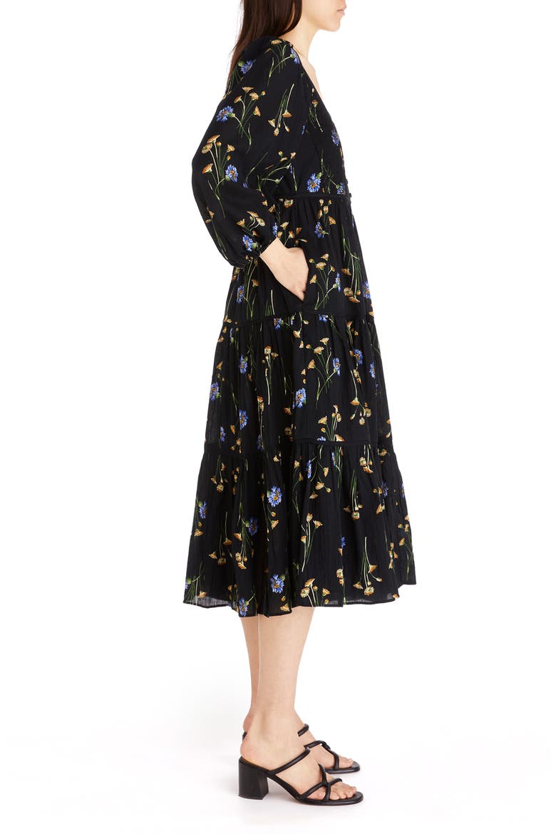 Xiomara Floral Print Long Sleeve Cotton Dress, Alternate, color, TRUE BLACK