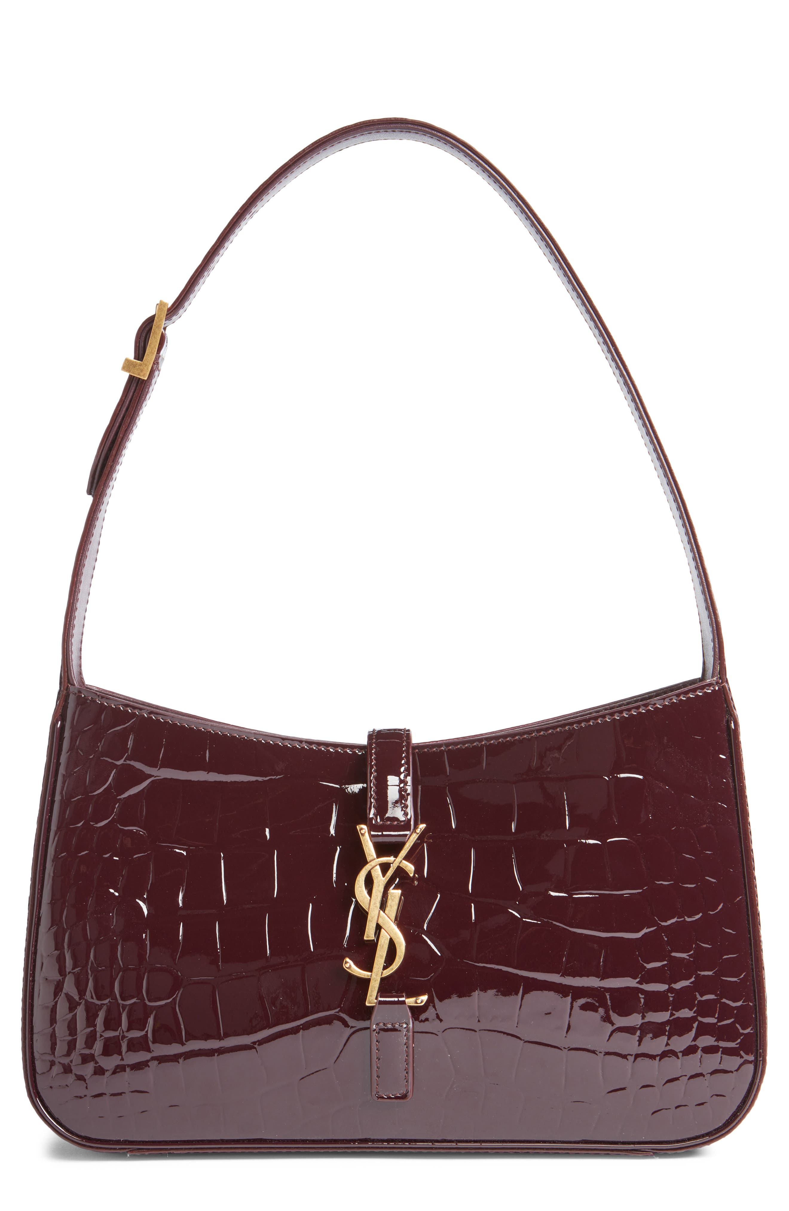 Saint Laurent Le 5 à 7 Croc Embossed Patent Leather Shoulder Bag, Main, color, Dark Aubergine