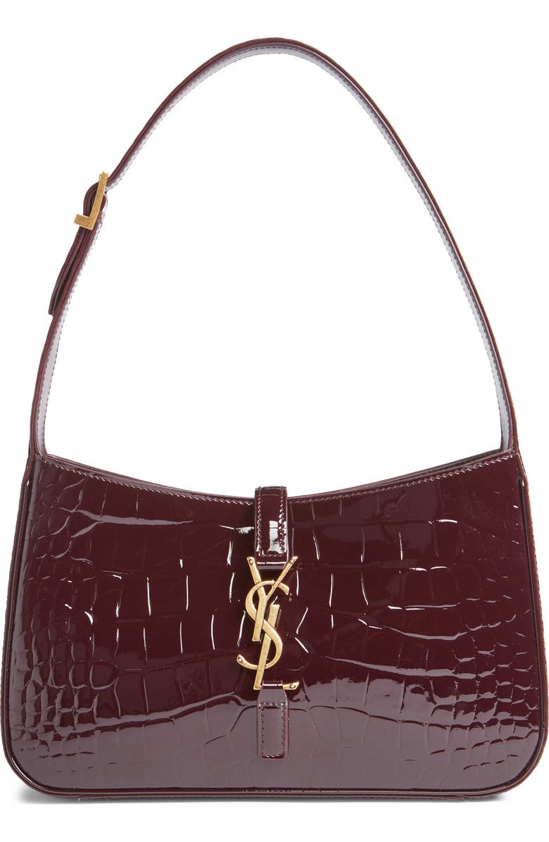 Saint Laurent Le 5 à 7 Croc Embossed Patent Leather Shoulder Bag, Main, color, Dark Aubergine