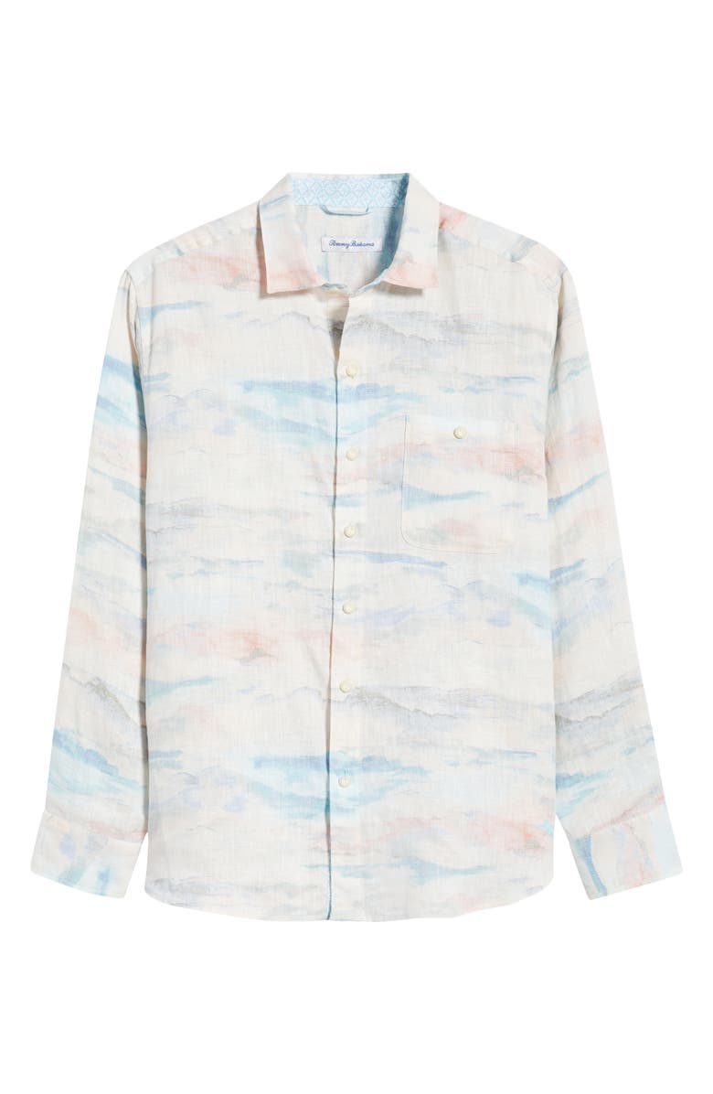 Tommy Bahama Coral Cove Wave Print Linen Button-Up Shirt, Main, color, Bellini