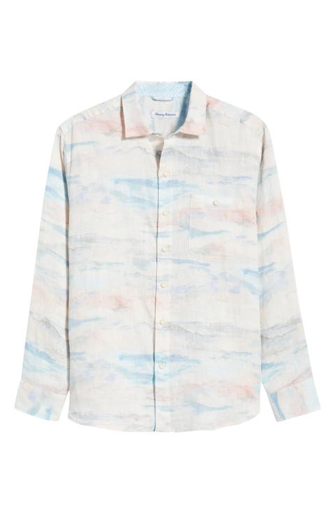 Coral Cove Wave Print Linen Button-Up Shirt (Big & Tall)