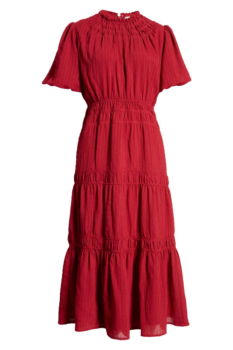 Vero Texutred Smock Detail Midi Dress, Alternate, color, CHERRY
