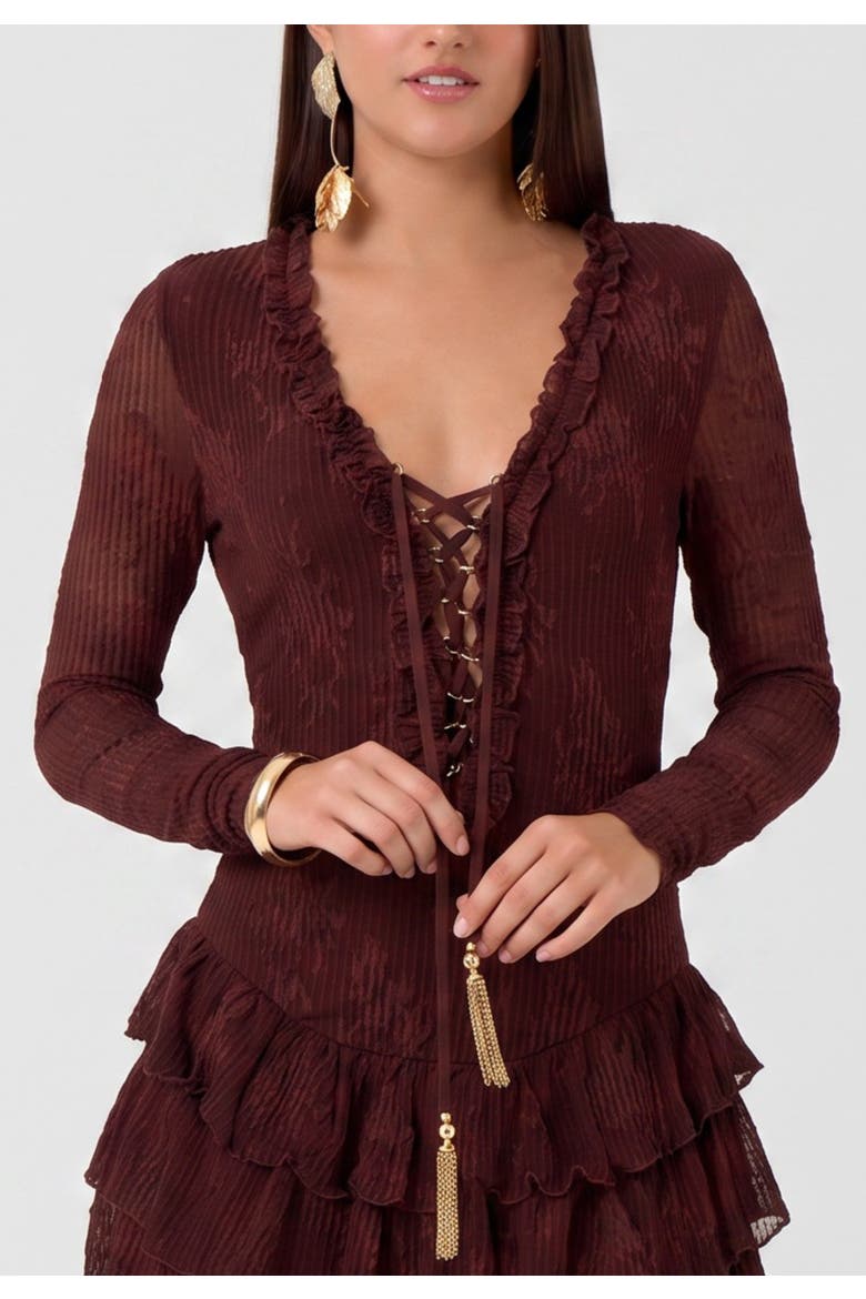 Kitra Lace Up Mini Dress, Alternate, color, Rum Raisin