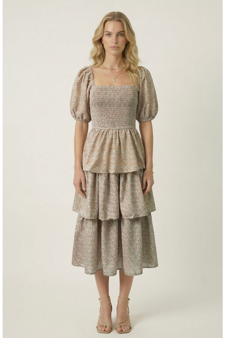 Smocked Tiered Puff Sleeve Maxi Dress, Main, color, Beige / Terracotta
