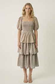 Modenaire Smocked Tiered Puff Sleeve Maxi Dress
