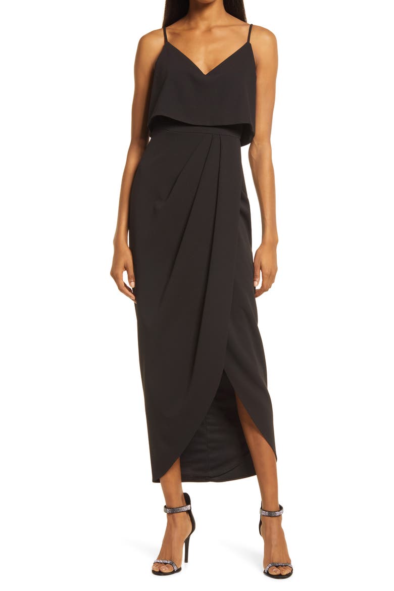 Xscape Scuba Crepe Popover Faux Wrap Gown, Main, color, BLACK