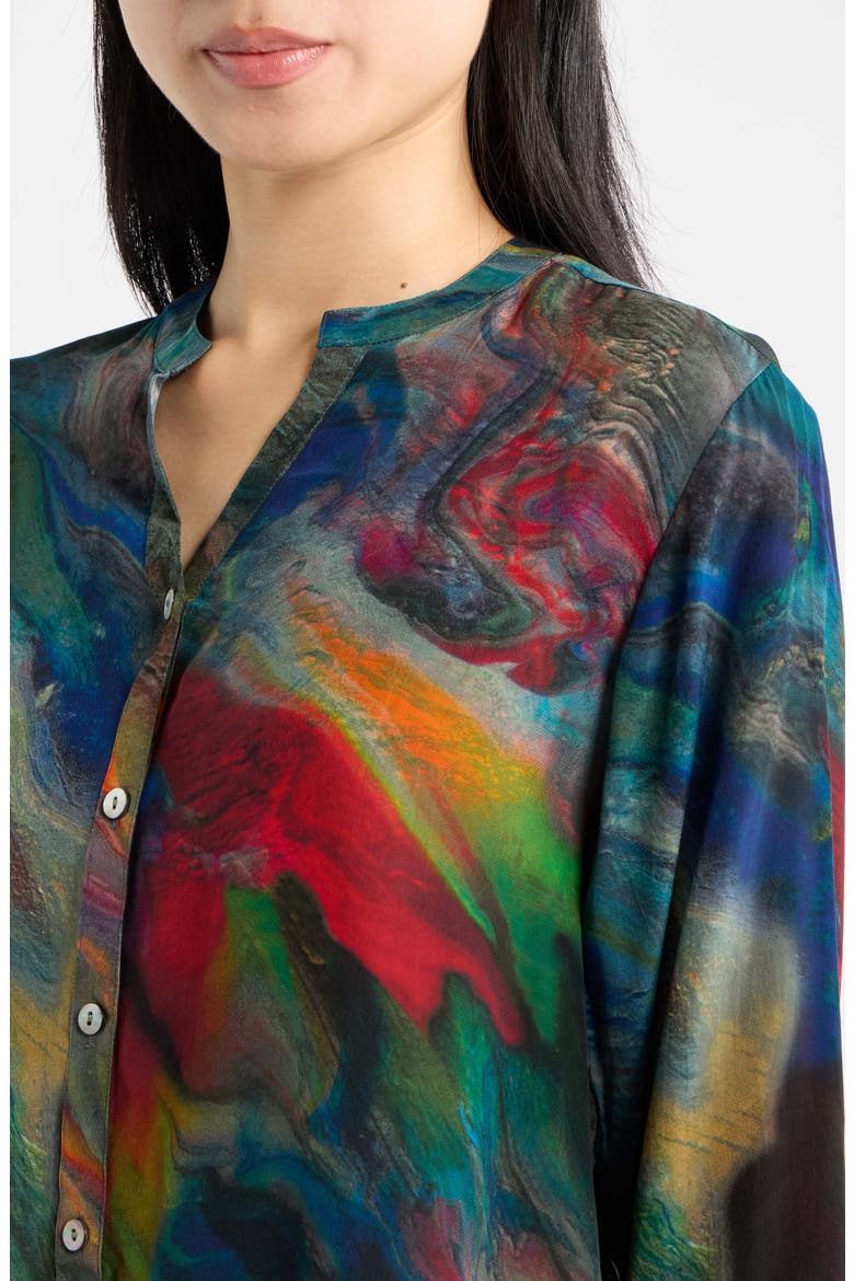 Mandarin Collar Button-Up Shirt, Alternate, color, EMERALD AUORA MULTI