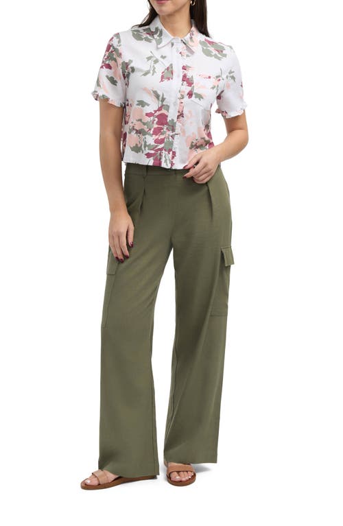 Ellen Tracy Ruffle Sleeve Button Front Shirt In Peach Bouquet
