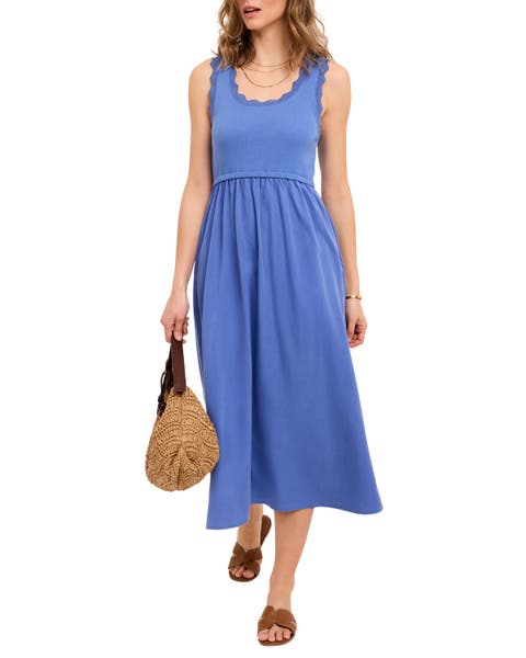 Scallop Short Sleeve Trim Midi Dress