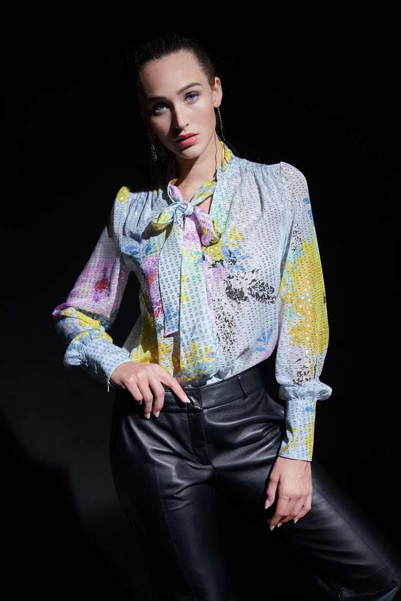 Silk Georgette Tie Neck Blouse, Alternate, color, Blue / Multicolour