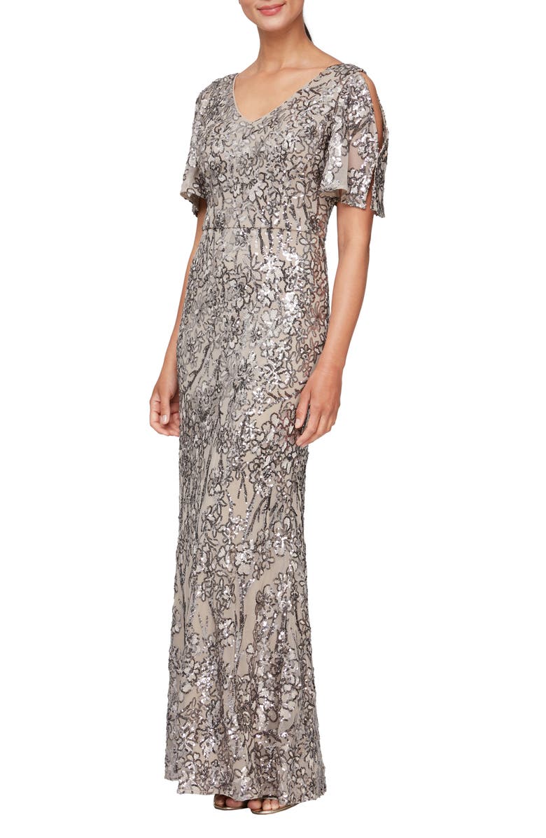 Alex Evenings Sequin Lace Cold Shoulder Trumpet Evening Gown, Main, color, Mink