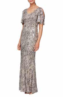 Sequin Lace Cold Shoulder Trumpet Evening Gown