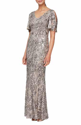 Sequin Lace Cold Shoulder Trumpet Evening Gown