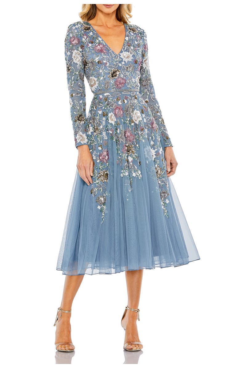 Mac Duggal Hand Embellished Floral V Neck Long Sleeve Dress, Main, color, Slate Blue Multi