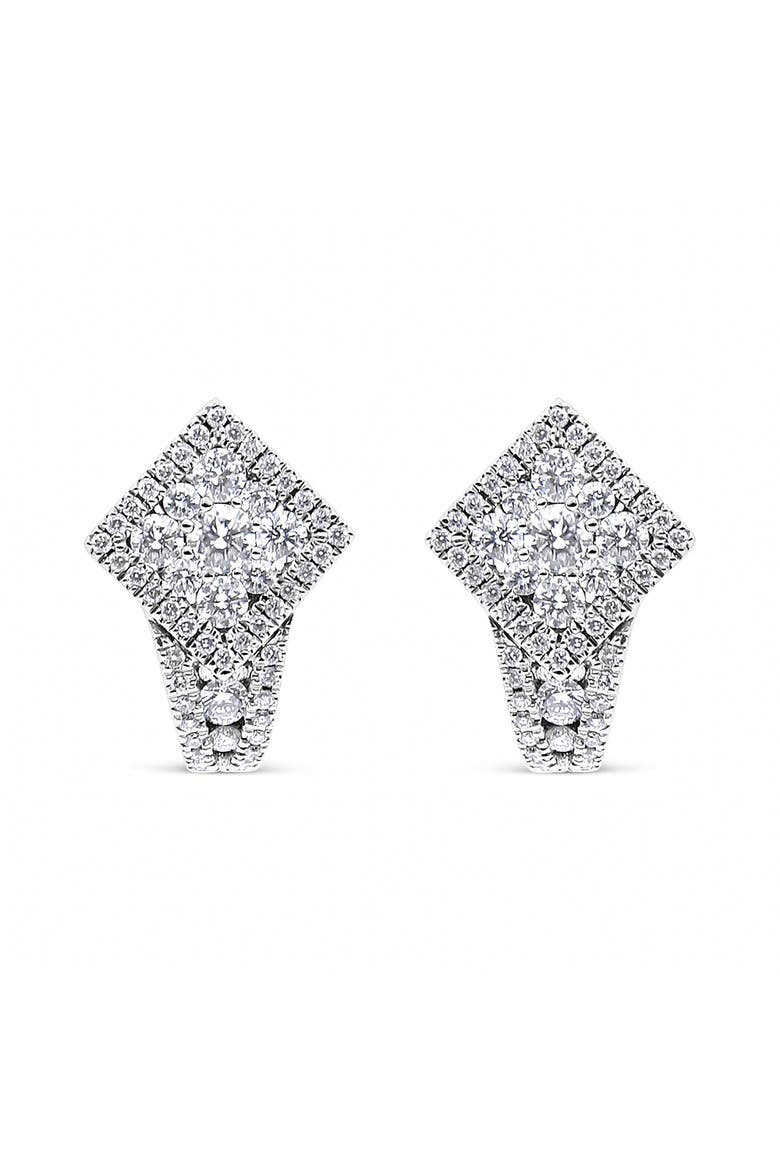 18K White Gold 1 1/10 Cttw Round Diamond Cluster with Halo Hoop Huggie Earring, Alternate, color, White