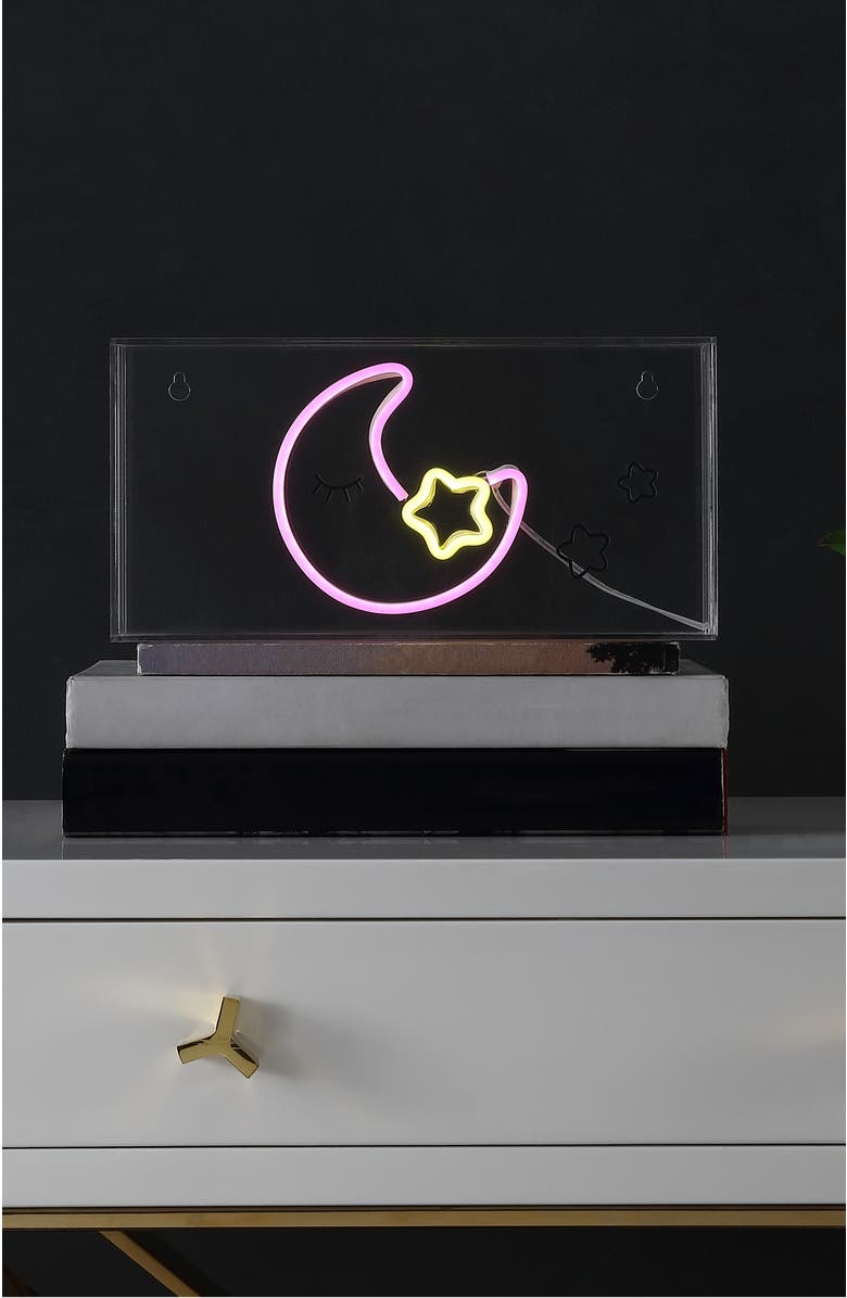JONATHAN Y Moon Contemporary Glam Acrylic Box USB Operated LED Neon Light, Alternate, color, Pink/Yellow