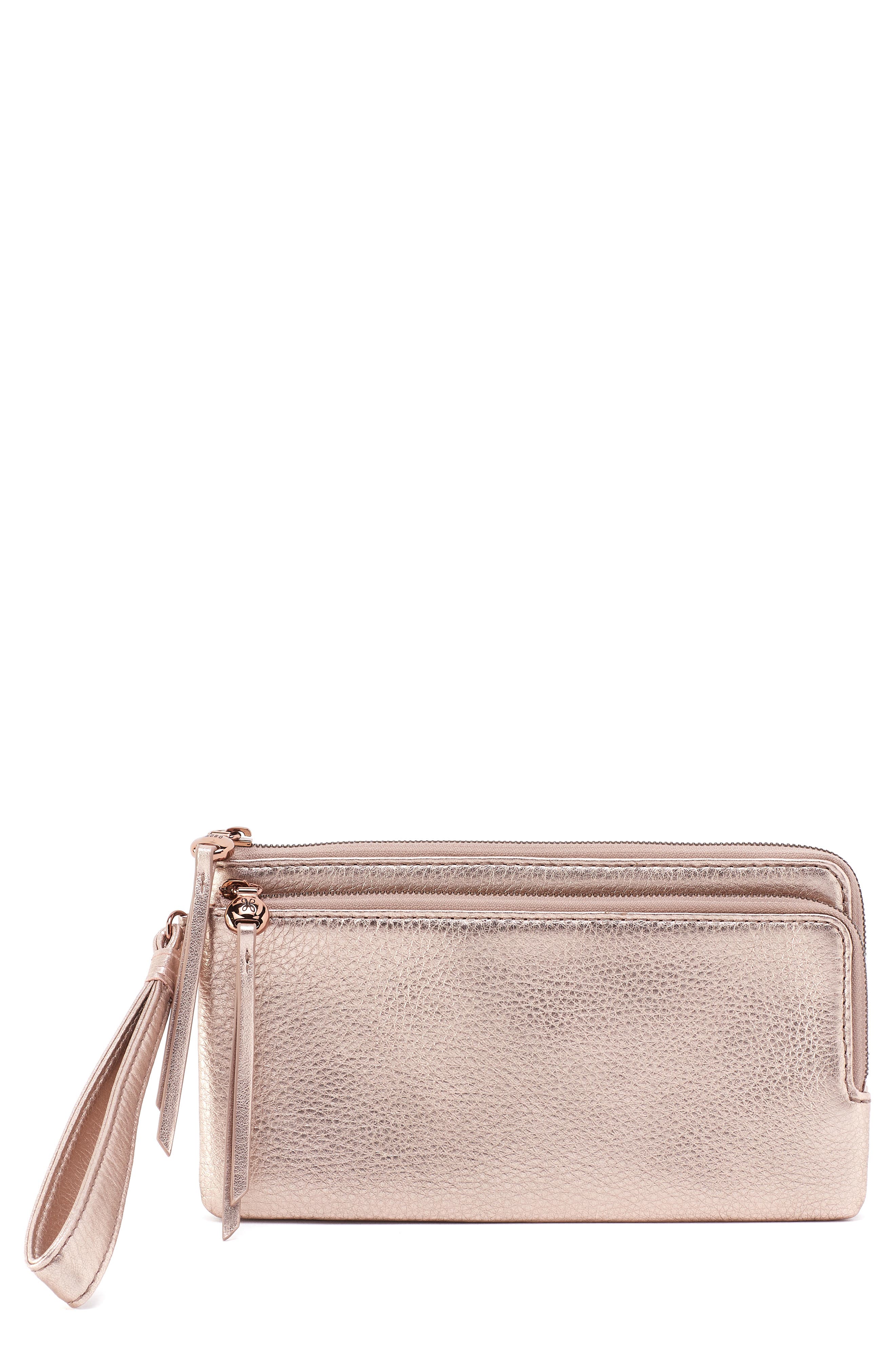 Dayton Leather Wristlet, Main, color, PINK GOLD METALLIC