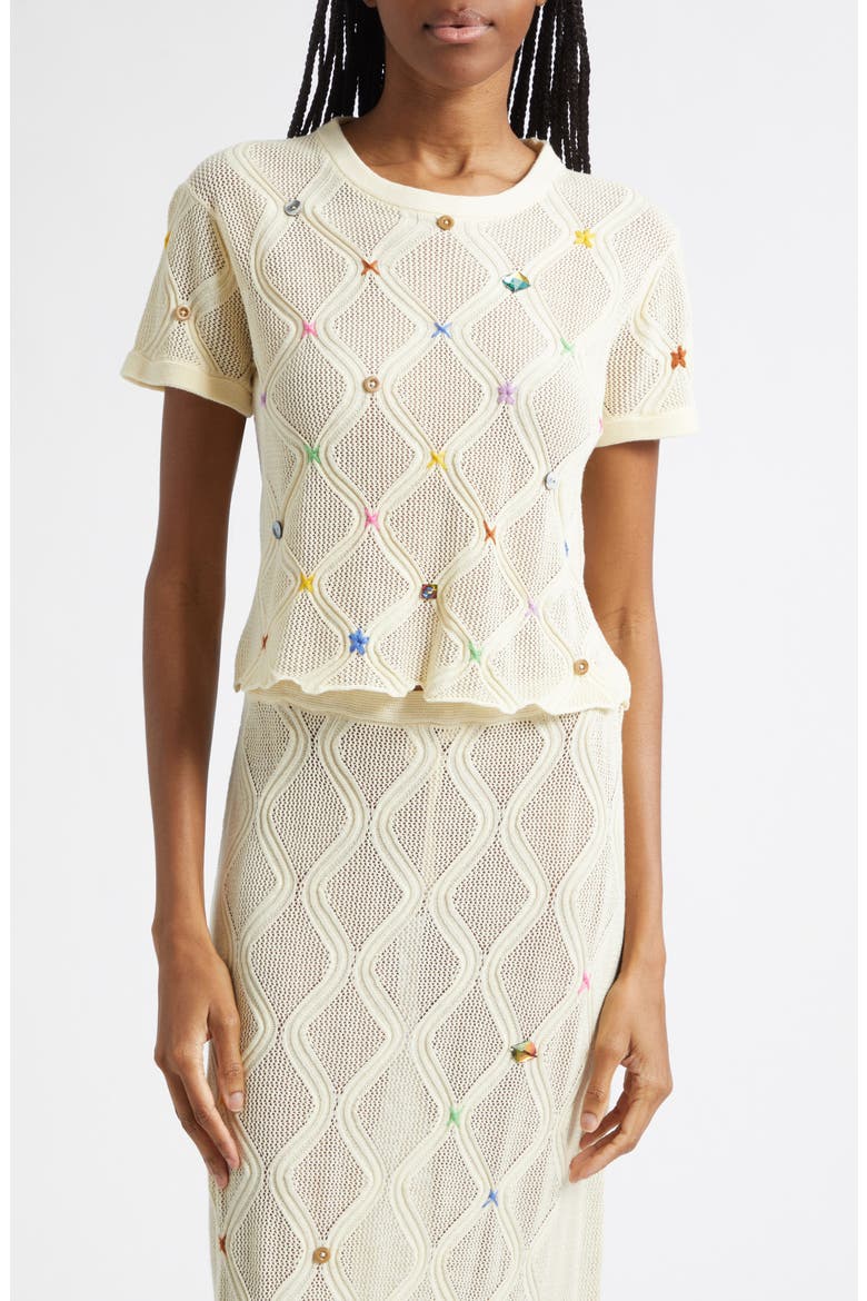 Cotton Short Sleeve Lattice Stitch Sweater, Main, color, IVORY