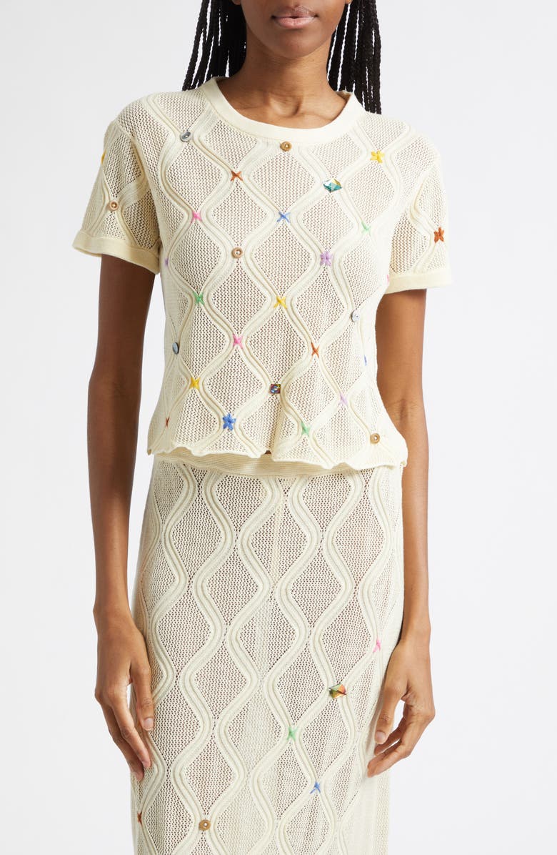 YanYan Cotton Short Sleeve Lattice Stitch Sweater, Main, color, Ivory