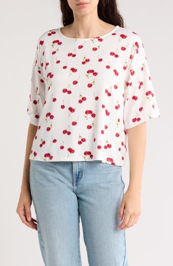 Bobeau Drop Shoulder T-shirt In White/red Cherries