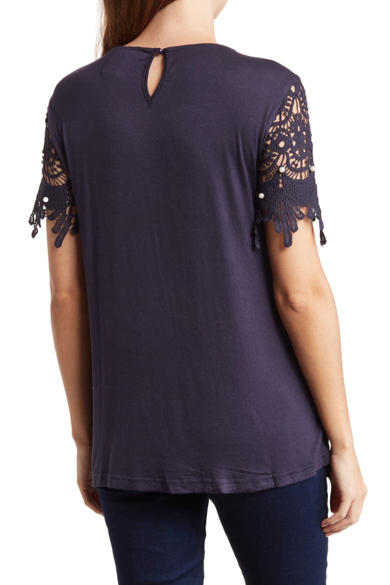 Crochet Lace Short Sleeve Top, Alternate, color, NAVY