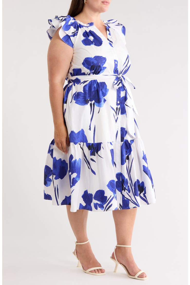 Neli Charlotte Floral Button-Up Tiered Midi Dress, Alternate, color, WHITE COBALT