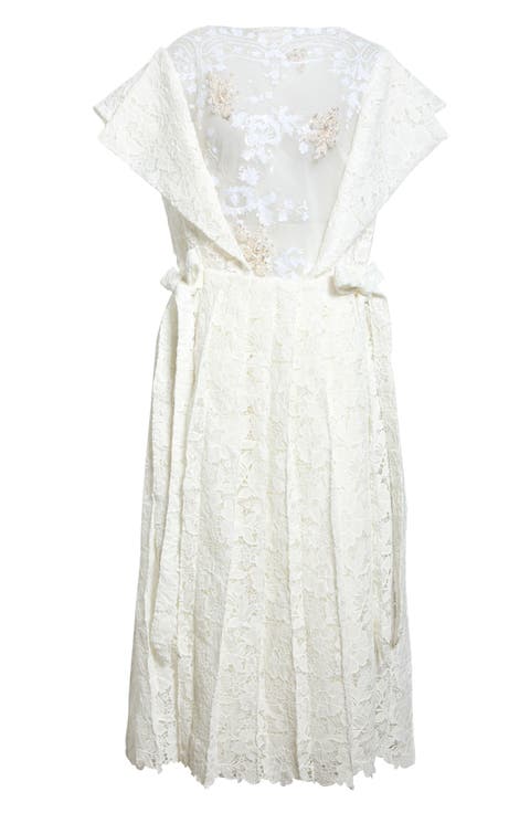 Pleated Sheer Panel Lace Flare Dress