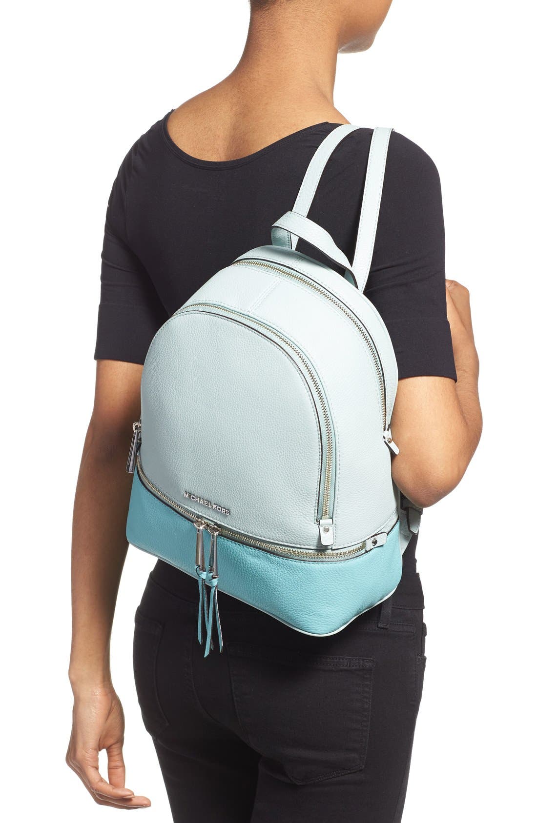 'Small Rhea' Leather Backpack, Alternate, color, CELADN/AZURE/ SILVER