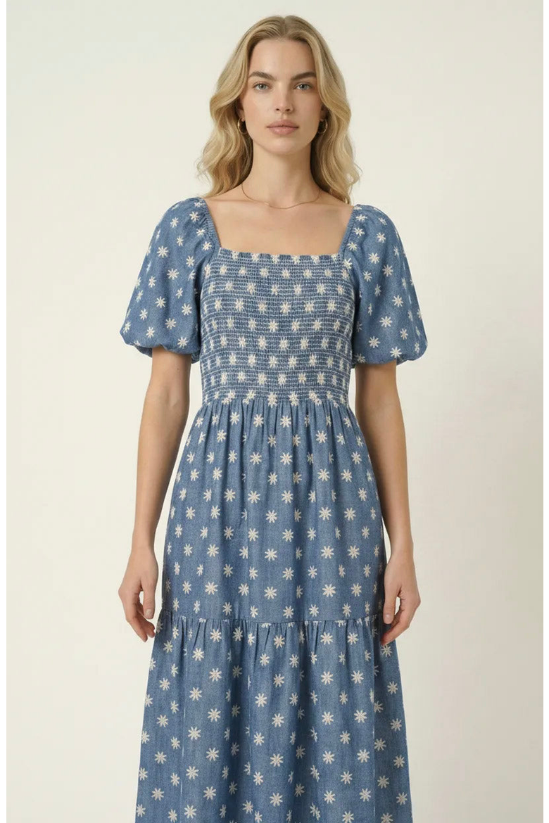 Smocked Puff-Sleeve Midi Dress with Tiered Skirt and Pockets, Alternate, color, Blue / White Floral