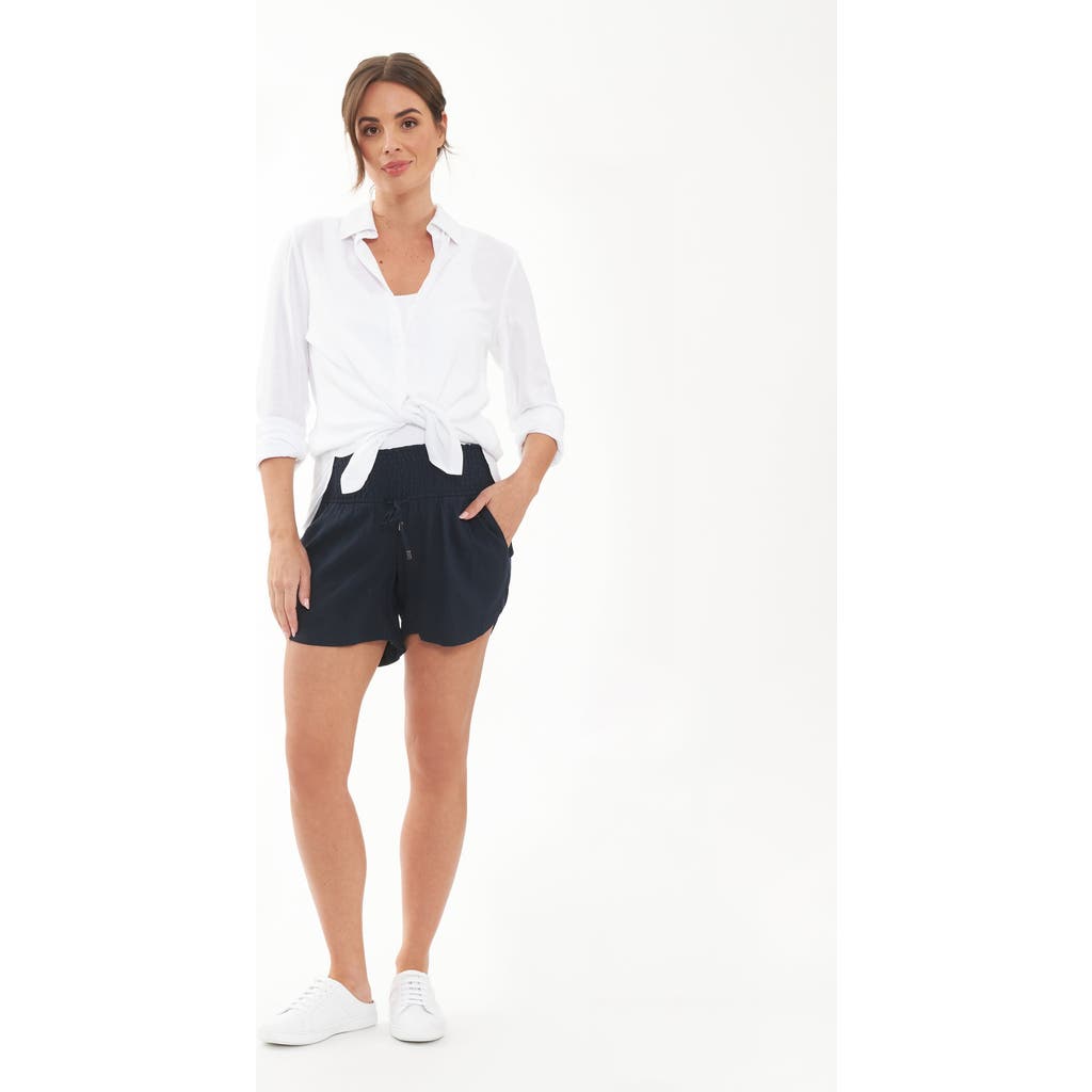 Ripe Maternity Indi Smocked Linen Blend Drawstring Maternity Shorts In Blue
