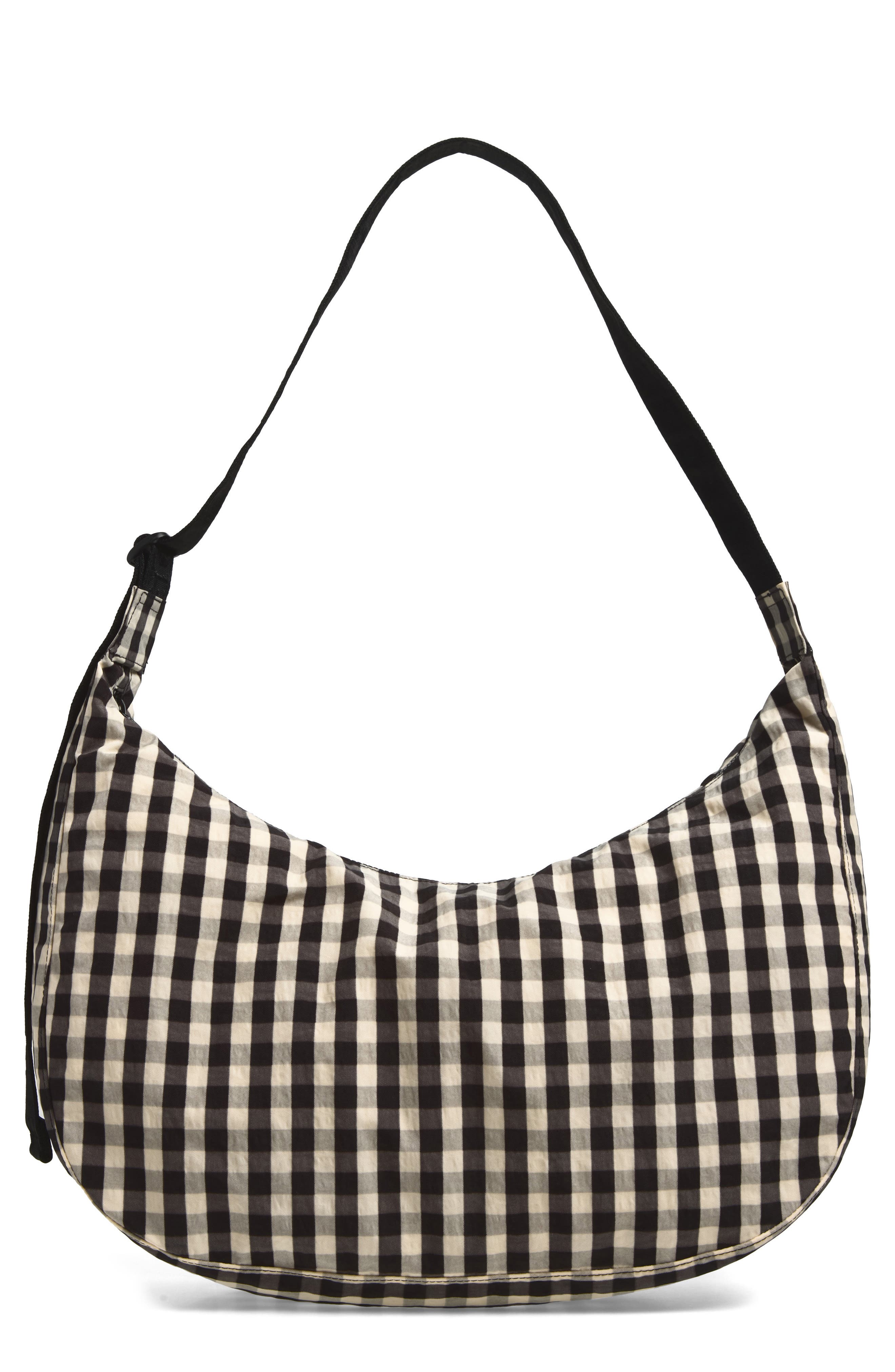 Large Recycled Nylon Crescent Crossbody Bag, Main, color, BLACK AND CREAM GINGHAM