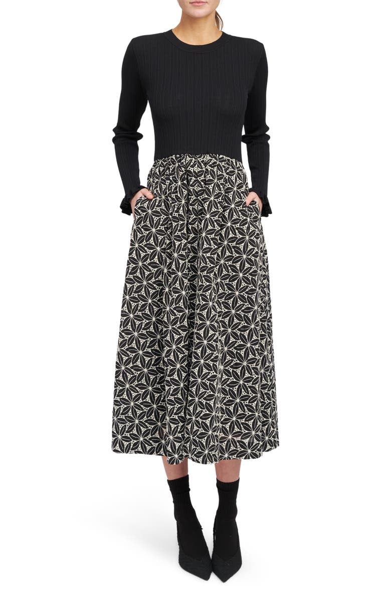 En Saison Brynn Mixed Media Long Sleeve Midi Dress, Main, color, 