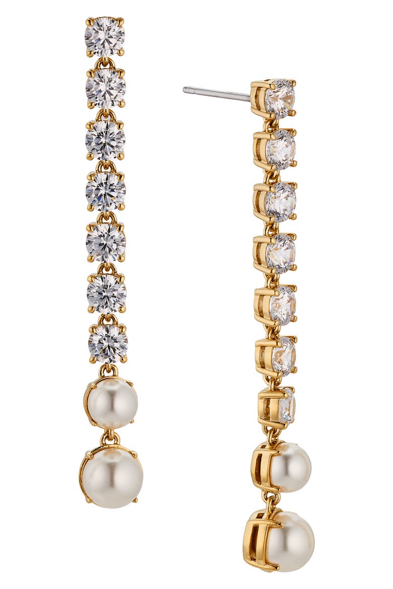 Cubic Zirconia & Imitation Pearl Linear Drop Earrings, Main, color, GOLD