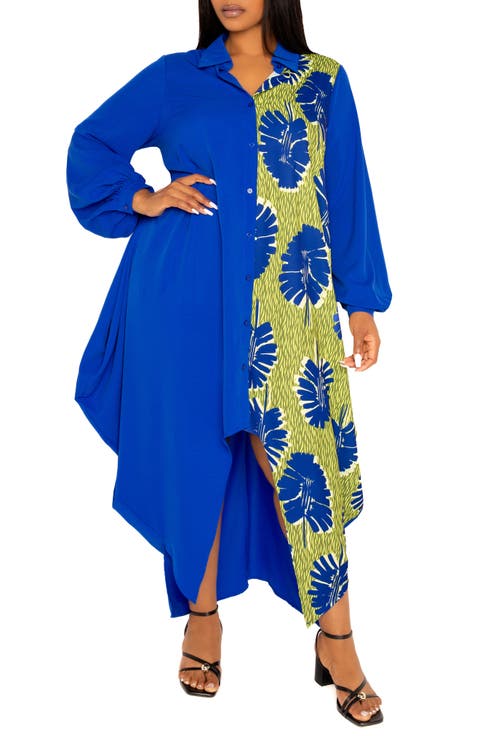 Solid & Print Long Sleeve Asymmetric Maxi Shirtdress (Plus)