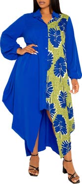 BUXOM COUTURE Solid & Print Long Sleeve Asymmetric Maxi Shirtdress