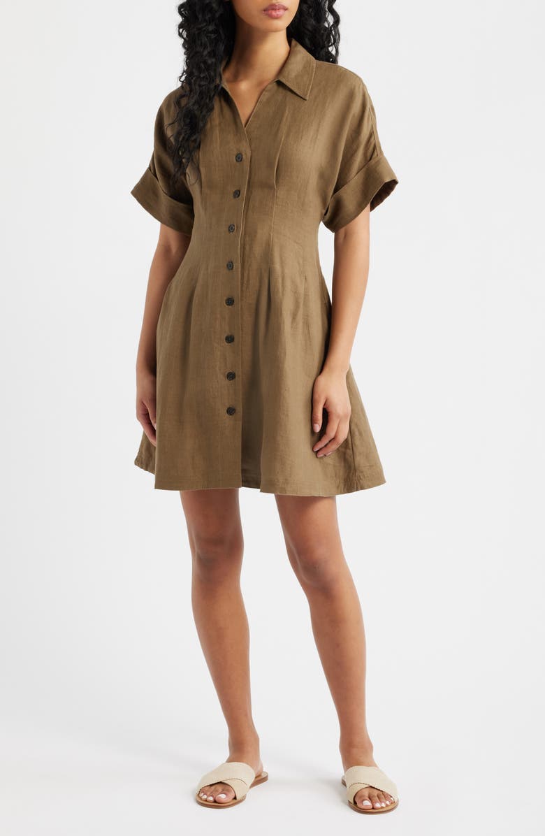Madewell Pleated Linen Mini Shirtdress, Main, color, Safari Khaki