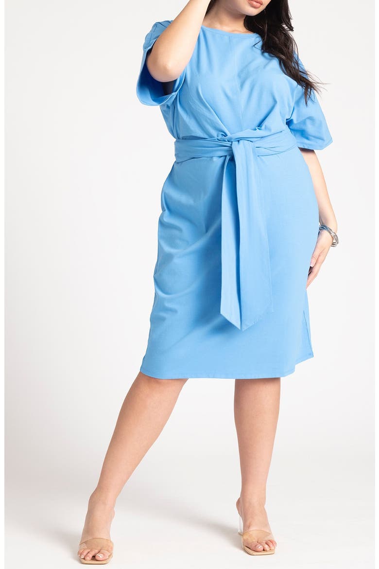 Tie front Flutter Sleeve Midi Sheath Dress, Main, color, AZURE BLUE