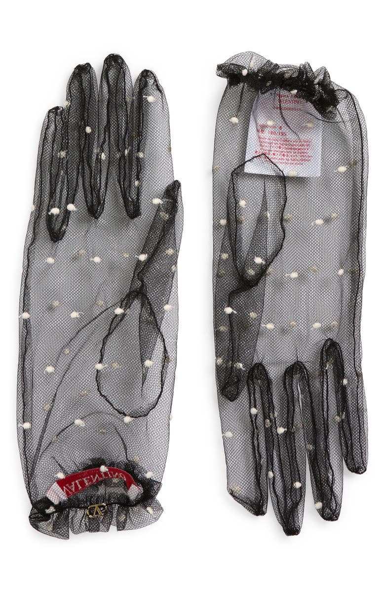 Valentino Garavani Polka Dot Tulle Gloves, Main, color, Bze Nero Bianco/ Oro