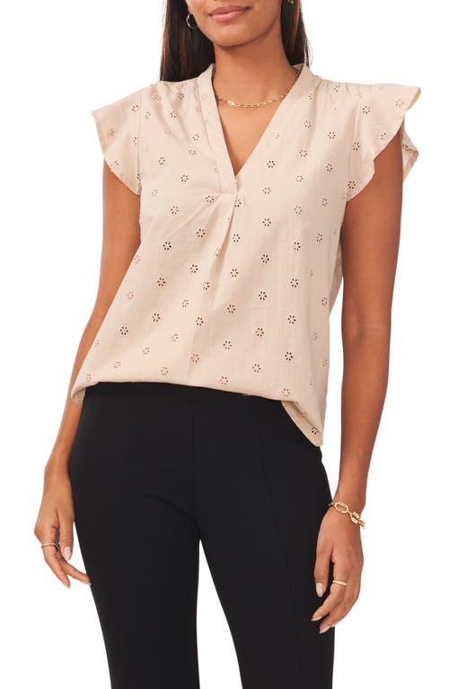 Chaus Floral Eyelet Flutter Sleeve Cotton Poplin Blouse in Tan 