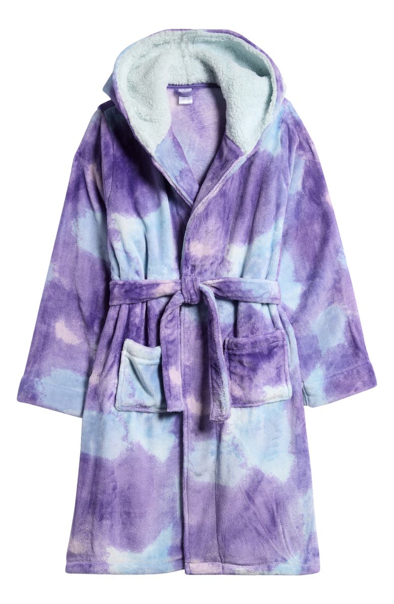 Nordstrom Kids' Print Fleece Hooded Robe, Main, color, Purple Aster Dreamy Clouds