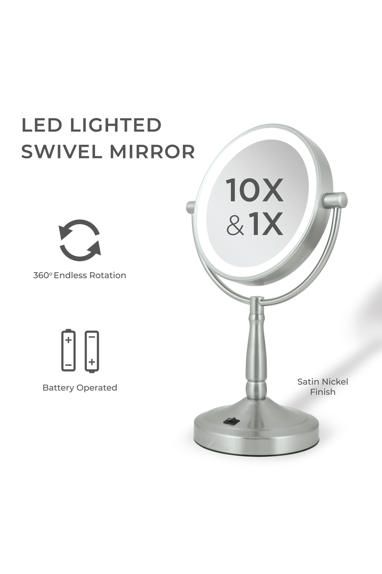 Lighted Makeup Mirror with 10X/1X Magnifications & Cordless, Alternate, color, Satin Nickel