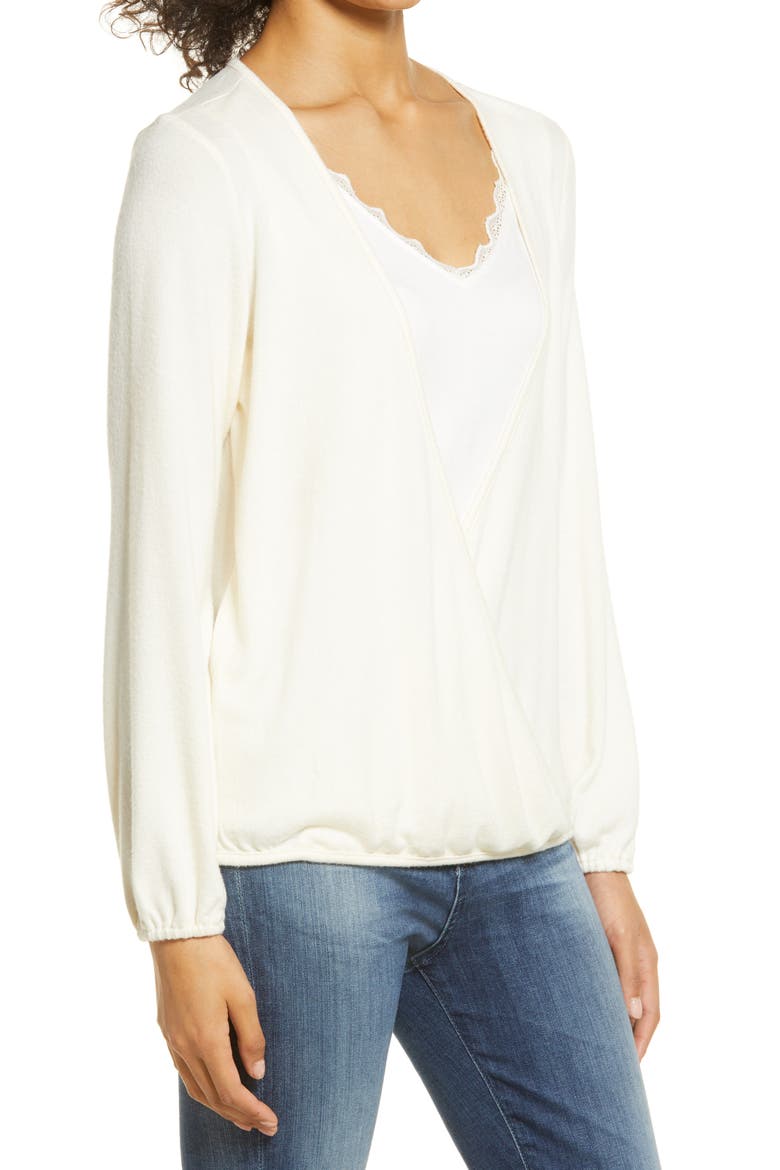 Wrap Front Lace Trim Long Sleeve Hacci Top, Alternate, color, WHISPER WHITE