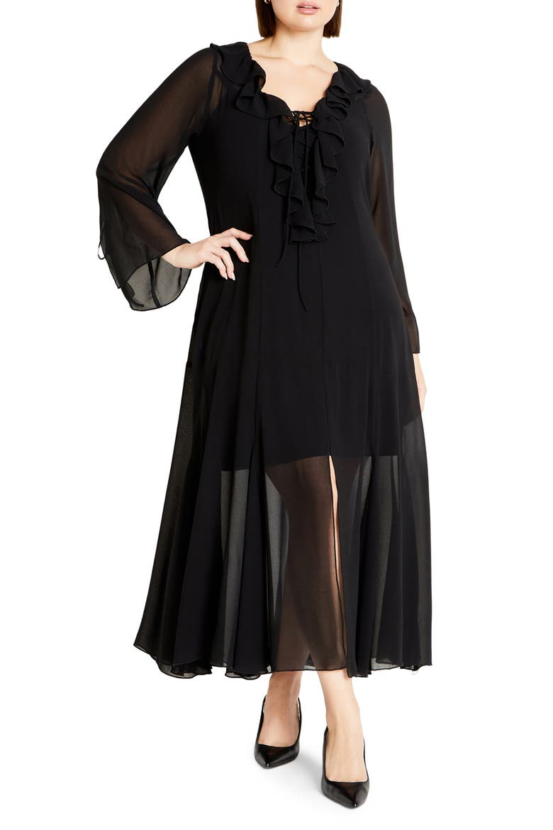 Vamp Ruffle Long Sleeve Chiffon Maxi Dress, Main, color, BLACK