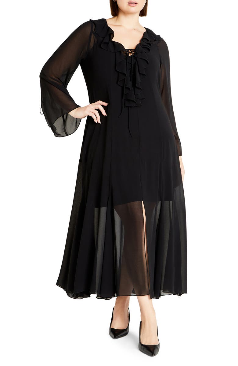 City Chic Vamp Ruffle Long Sleeve Chiffon Maxi Dress, Main, color, Black