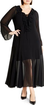 City Chic Vamp Ruffle Long Sleeve Chiffon Maxi Dress