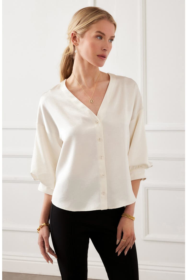 Satin Lantern Sleeve Button-Up Shirt, Alternate, color, CREAM