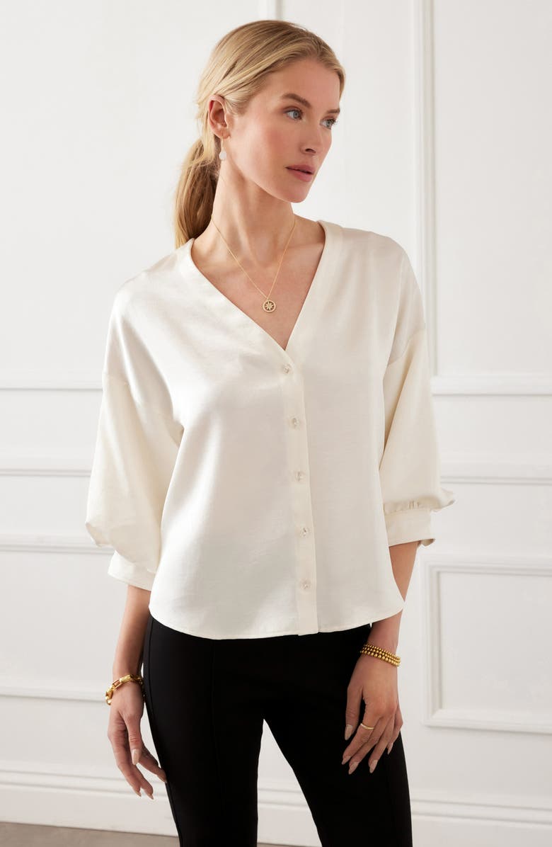 Karen Kane Satin Lantern Sleeve Button-Up Shirt, Alternate, color, Cream
