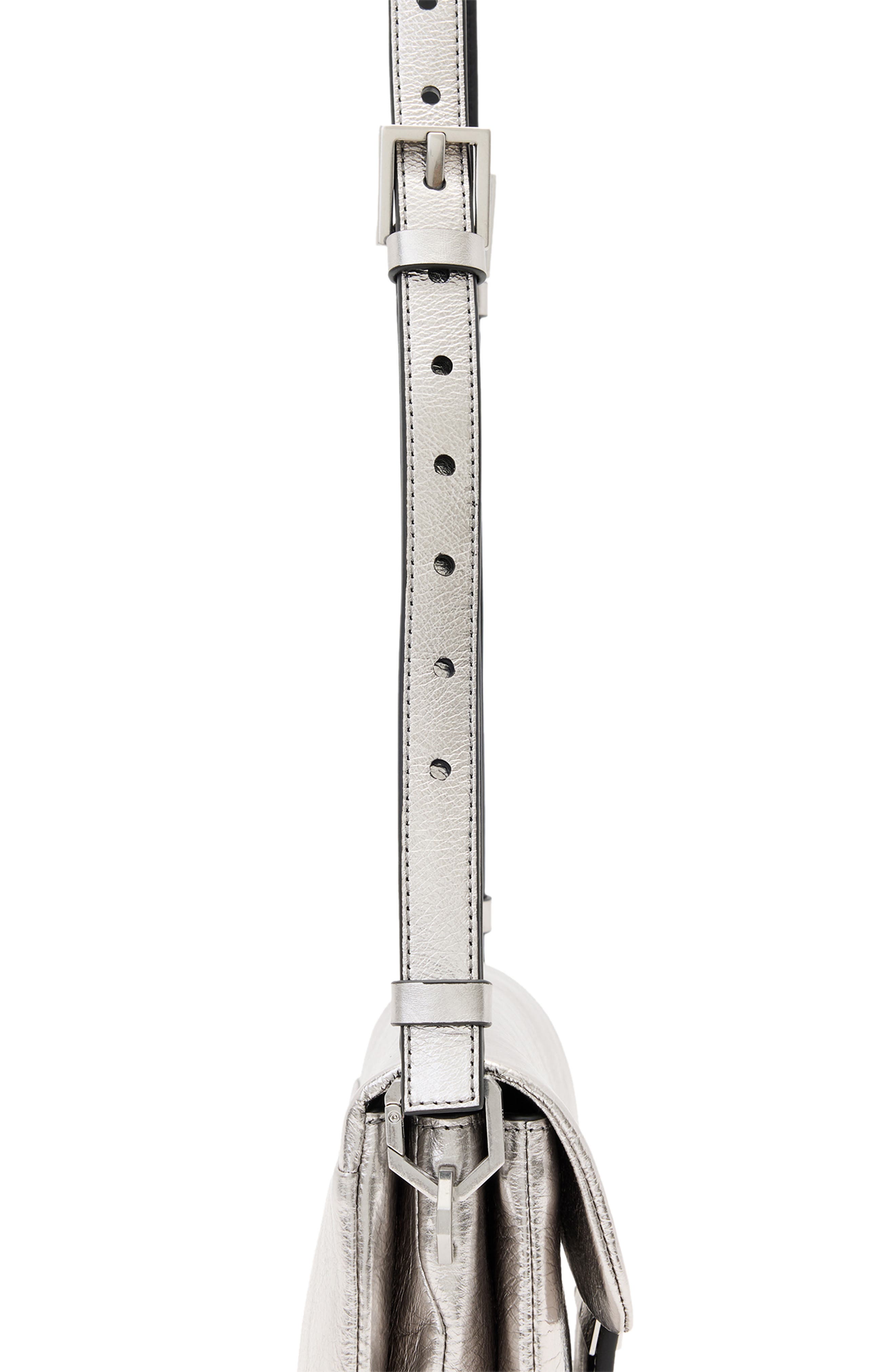 AllSaints Jupiter Metallic Leather Crossbody Bag, Alternate, color, Silver Crinkle