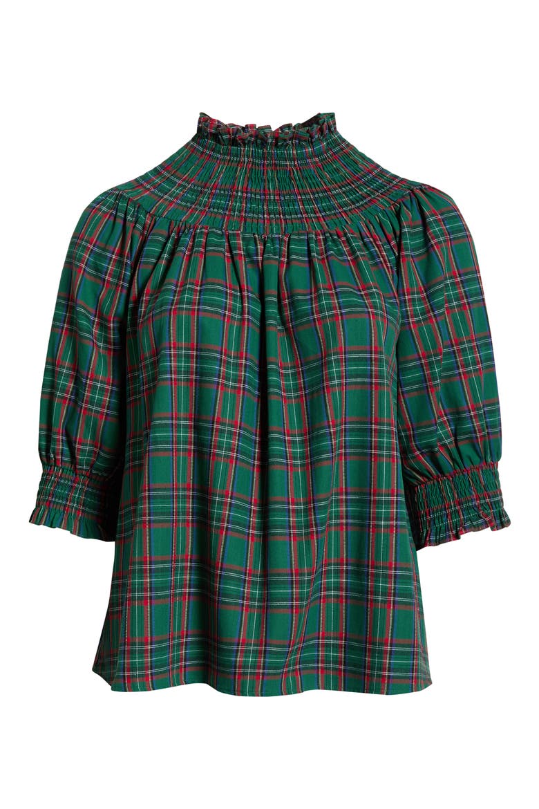 Jace Plaid Smocked Cotton Top, Alternate, color, GREEN-MULTI