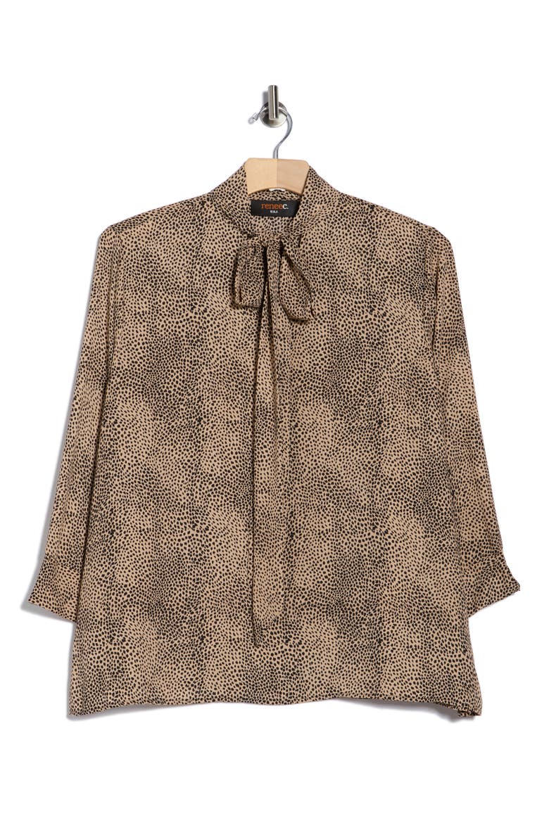Animal Print Tie Neck Long Sleeve Top, Alternate, color, TAUPE